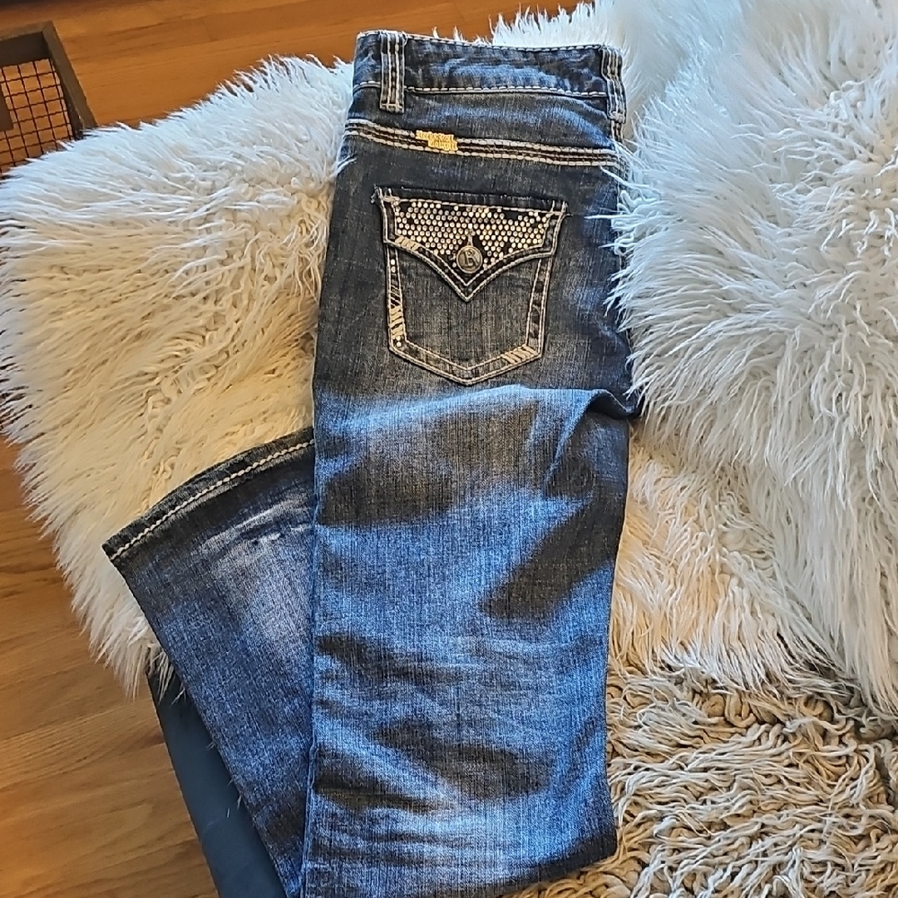 Blue Boot Cut Jeans with Decorative Stitching